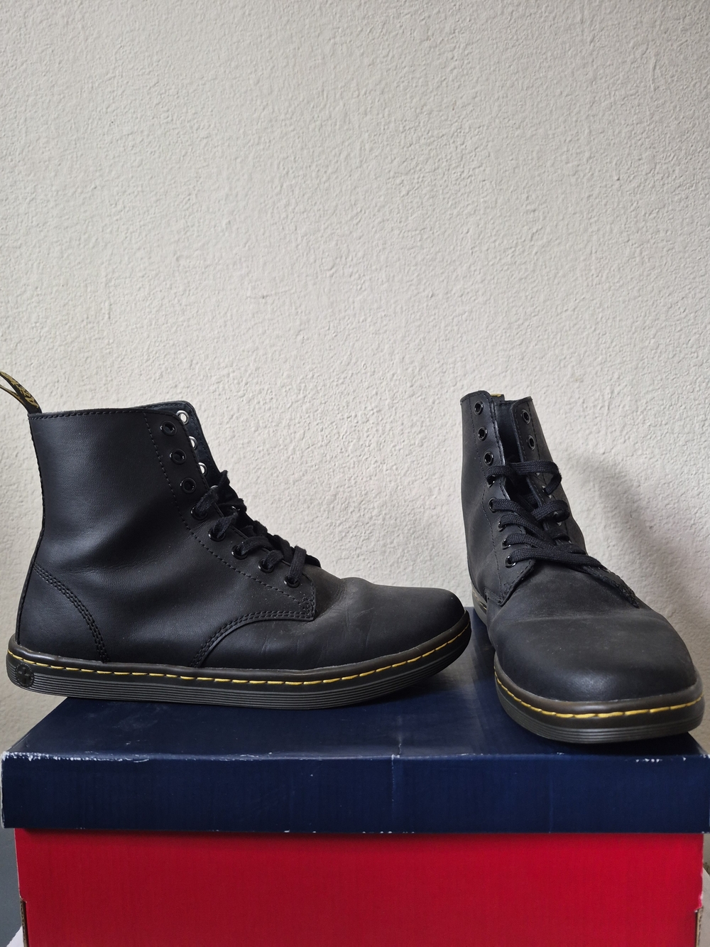 Dr. Martens Black Leather Lace-Up Boots with Yellow Welt
